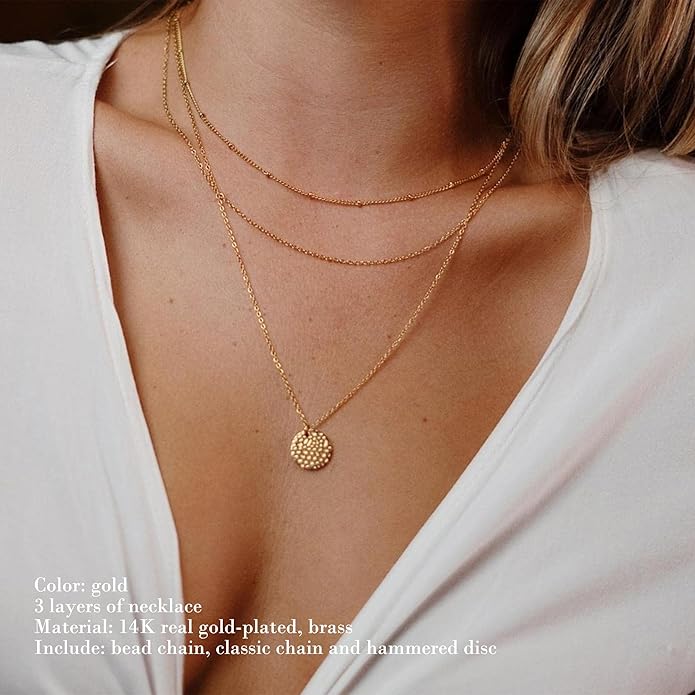 14K Gold Hammered Disc Layered Necklace Retro Women Fashion Jewelry US2US Fast Ship