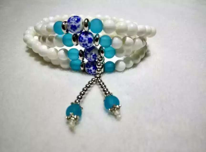 Natural White Tridacna 108-Bead Mala Bracelet with Blue Porcelain & Turquoise - Multi-Wrap Yoga & Spiritual Jewelry,Thoughtful Gift, anniversary gift, valentines gift, gift for girlfriend,  Thoughtful Gift