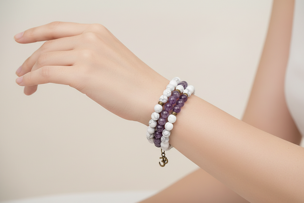 Natural White Turquoise Amethyst Jewelry Set Lotus Buddha Pendant Necklace & Beaded Bracelet