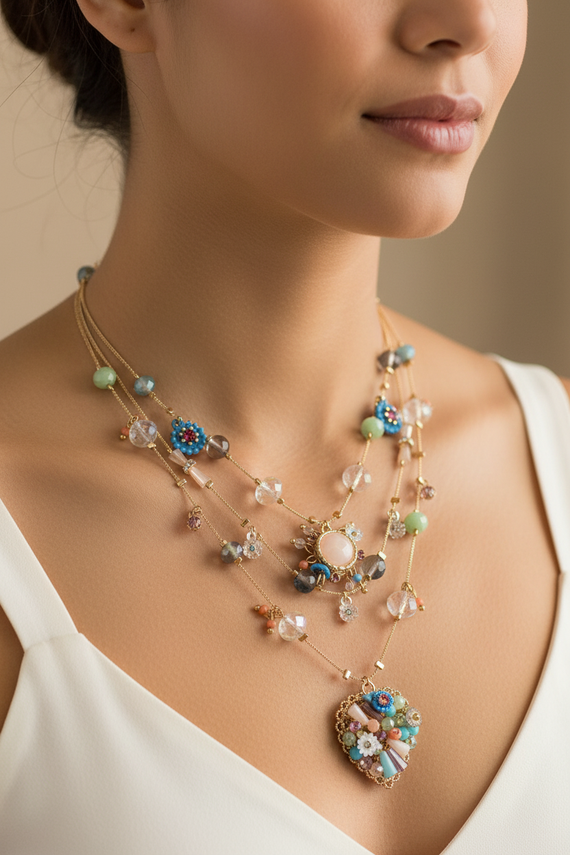 Bohemian Multi Layer Heart Beaded Necklace, Handmade Vintage Summer Necklace for Women