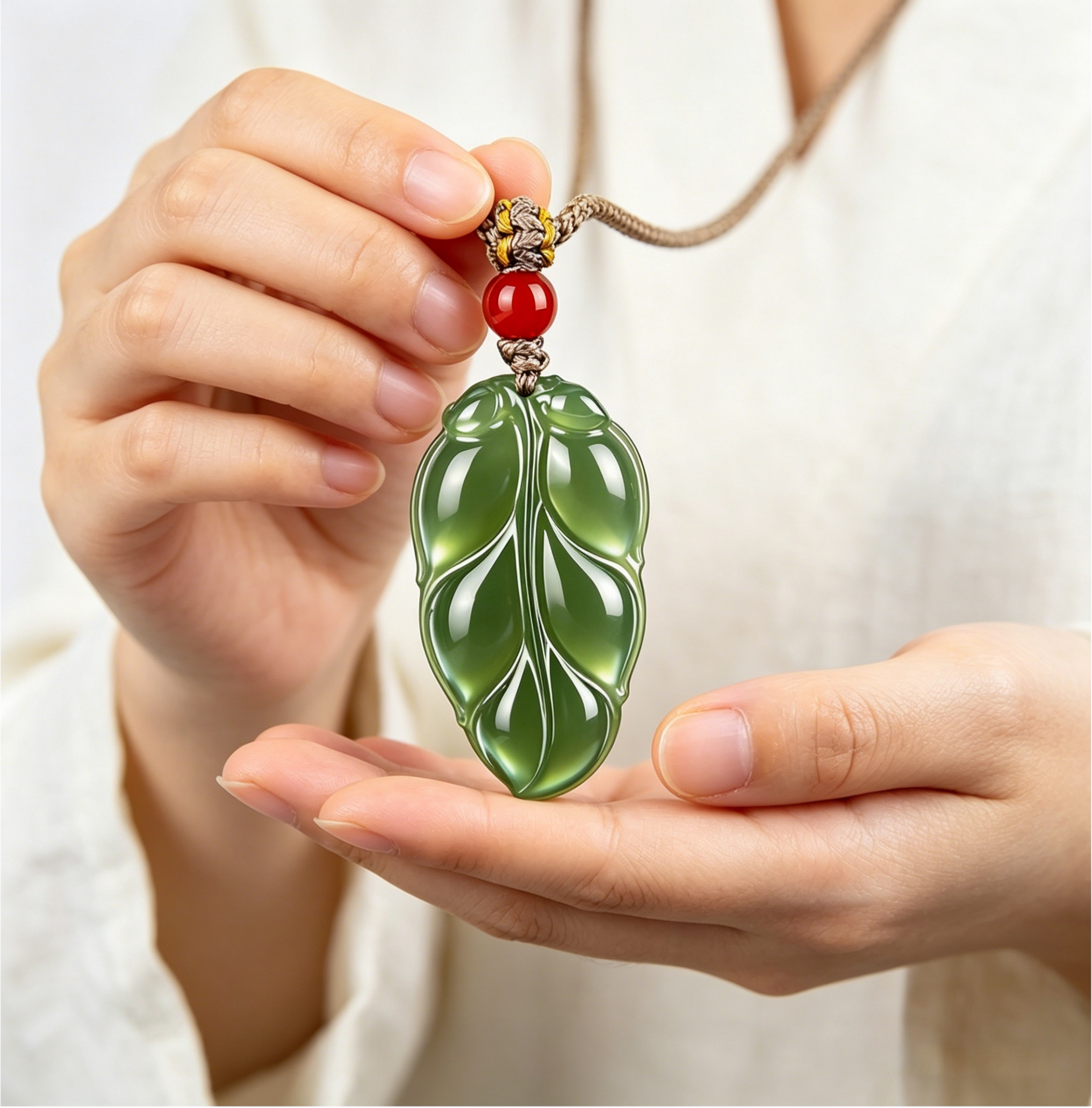 Natural Hetian Jade Leaf Pendant | "Golden Jade Leaf" Symbol of Growth & Luck, Handcrafted Green Jade Necklace with Red Agate Bead,   anniversary gift、valentines gift、gift for girlfriend