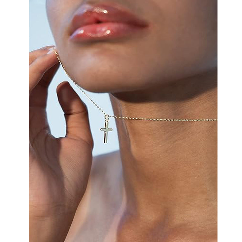 14K Gold Plated Mini Cross Pendant Necklace 18Inch Chain Minimalist Women Jewelry US2US Ship