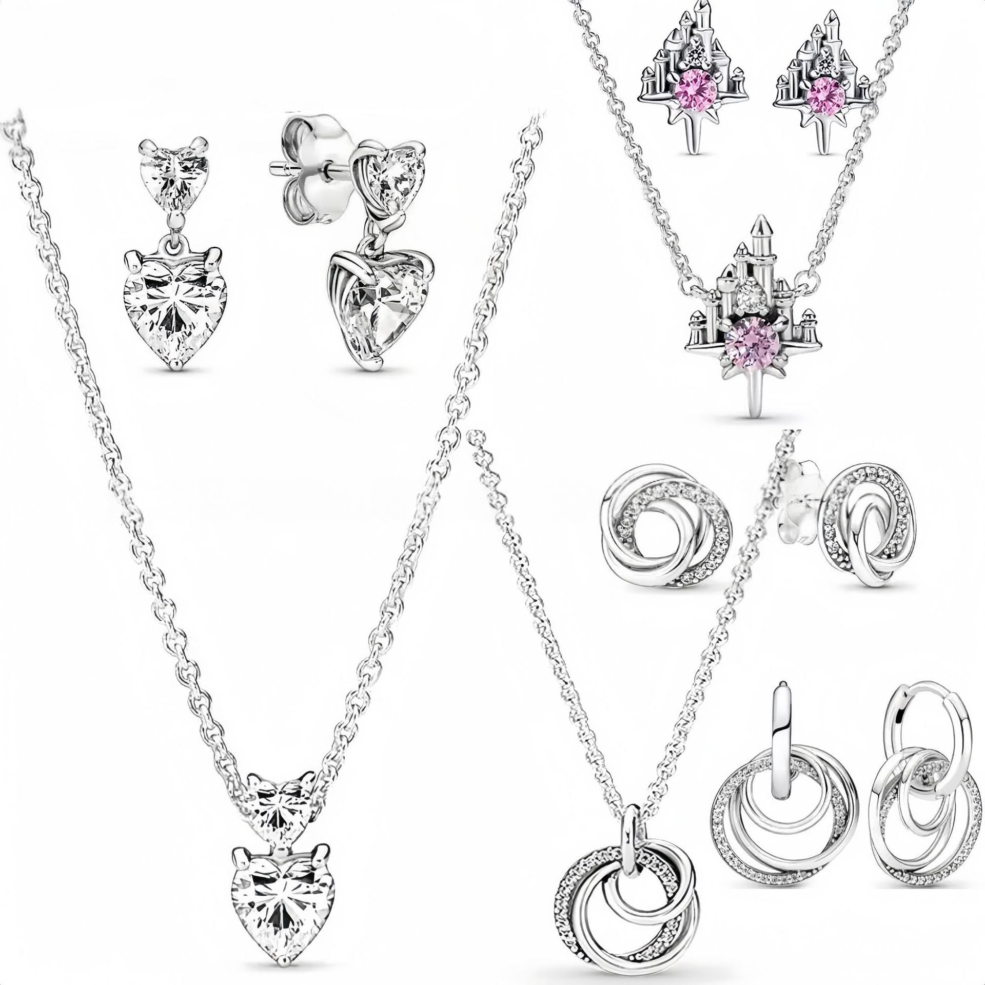 Heart-Shaped Castle Eternal Pendant Sparkling Round Halo Necklace And Earrings