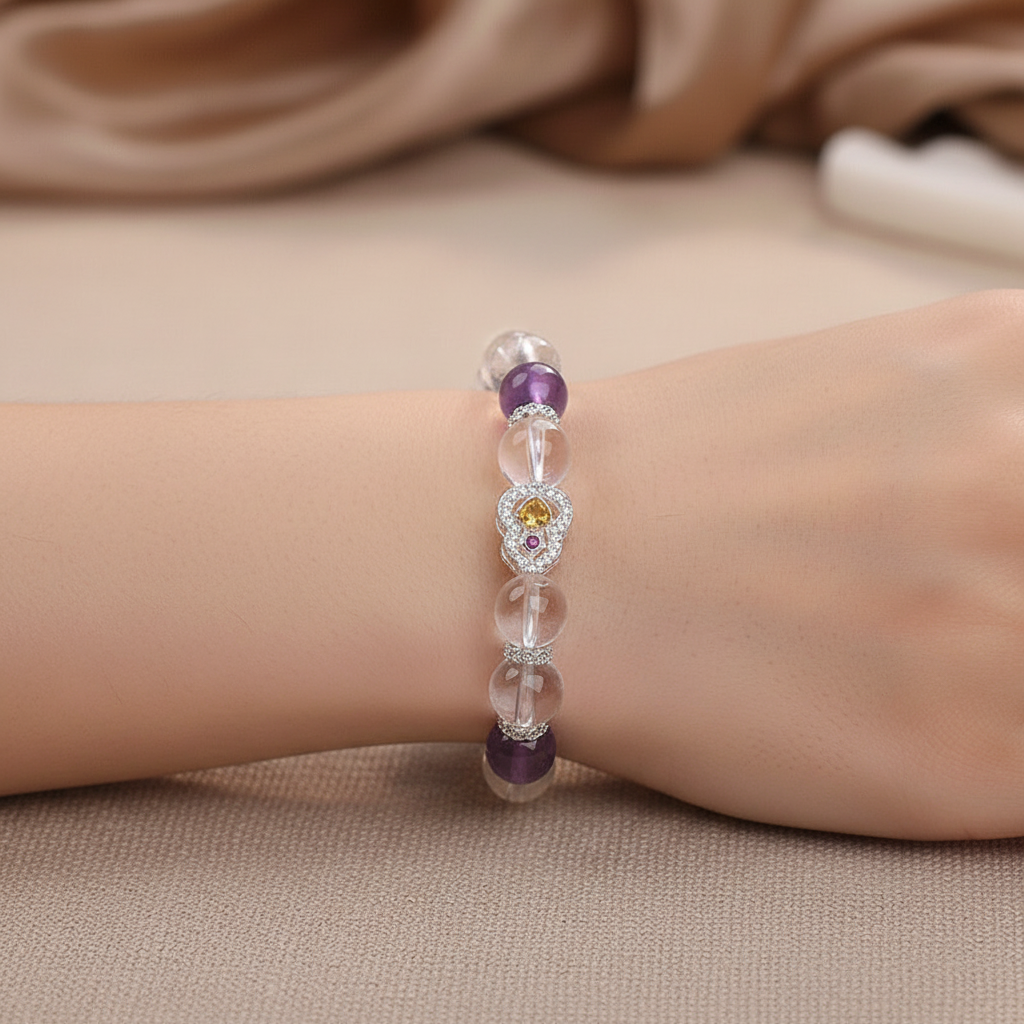 Natural White Crystal & Amethyst Beaded Bracelet For Women