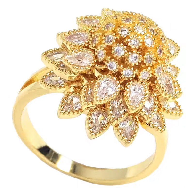14K Gold Tone Floral Open Adjustable Ring CZ Enamel Leaf Spinner Ring US2US Ship
