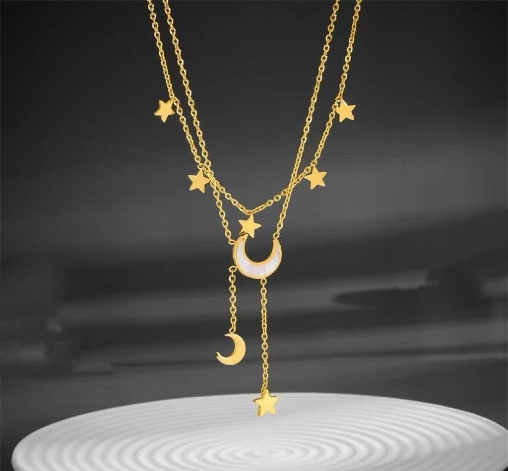 Moon And Stars Necklace Gold Layered Chain Astrology Jewelry|US2US Fast Ship
