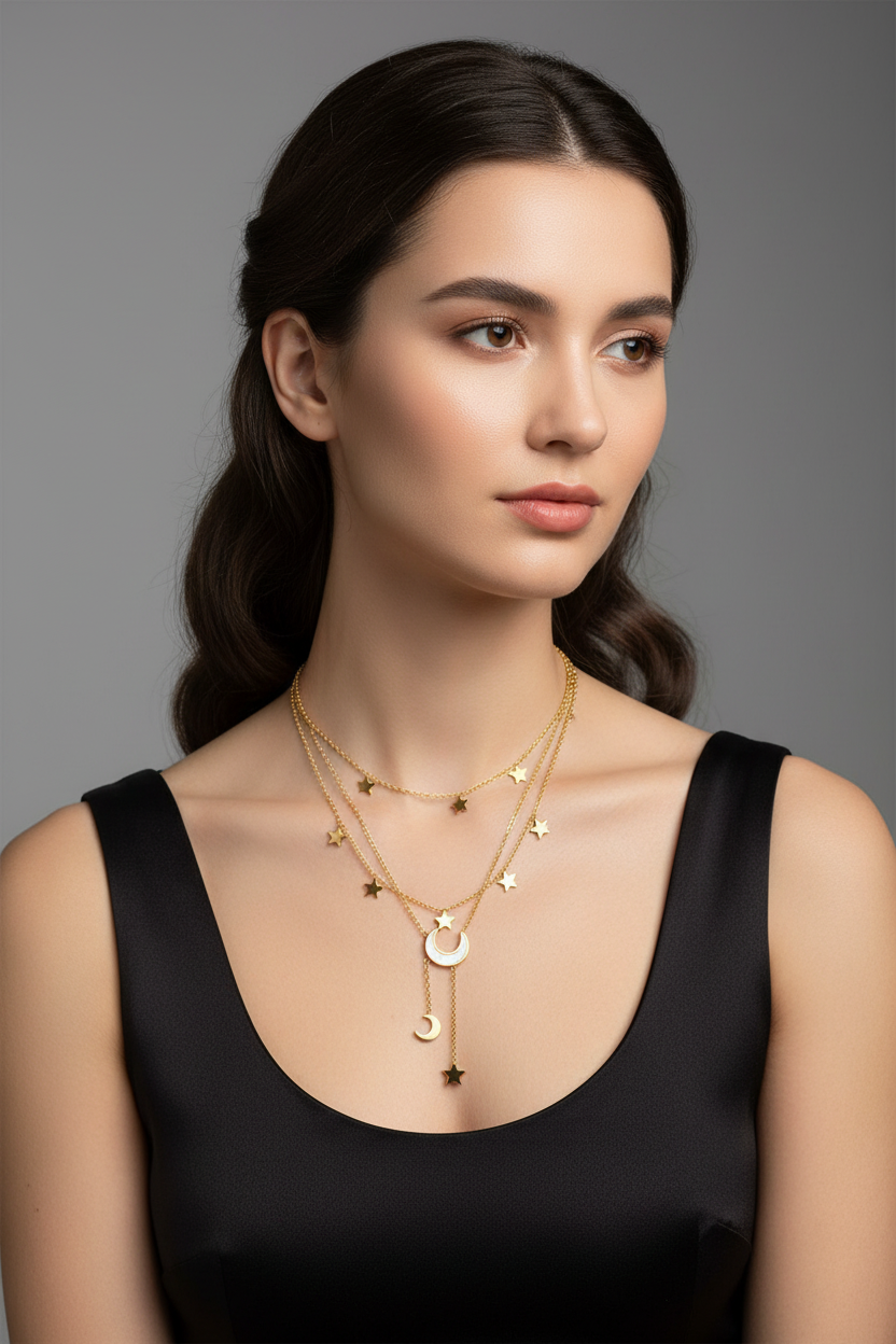 Moon And Stars Necklace Gold Layered Chain Astrology Jewelry|US2US Fast Ship
