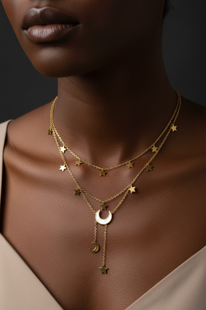 Moon And Stars Necklace Gold Layered Chain Astrology Jewelry|US2US Fast Ship