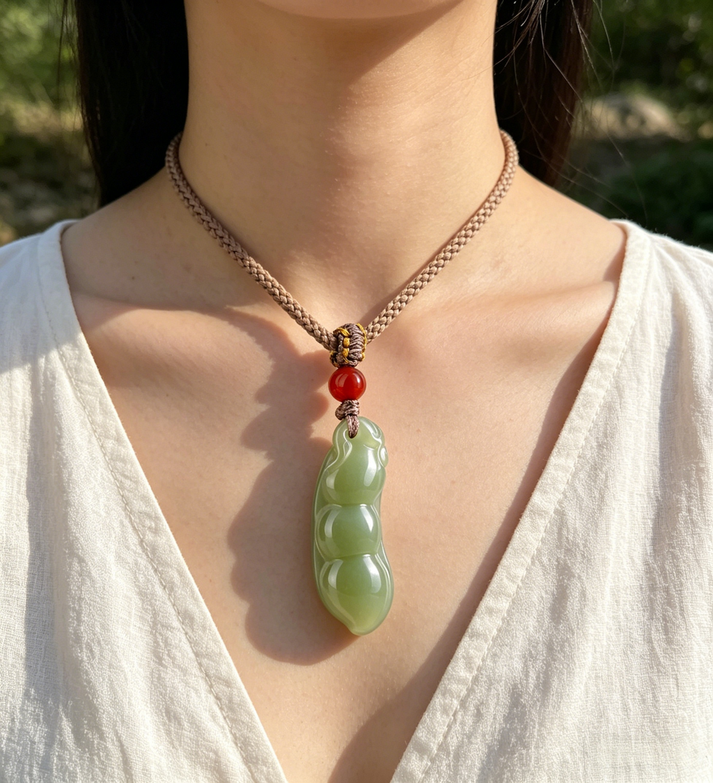 Natural Hetian Jade Fu Dou (Lucky Bean) Pendant Necklace with Red Agate Bead, Hand-Carved Feng Shui Talisman for Abundance & Good Fortune, Minimalist Oriental Jewelry Gift