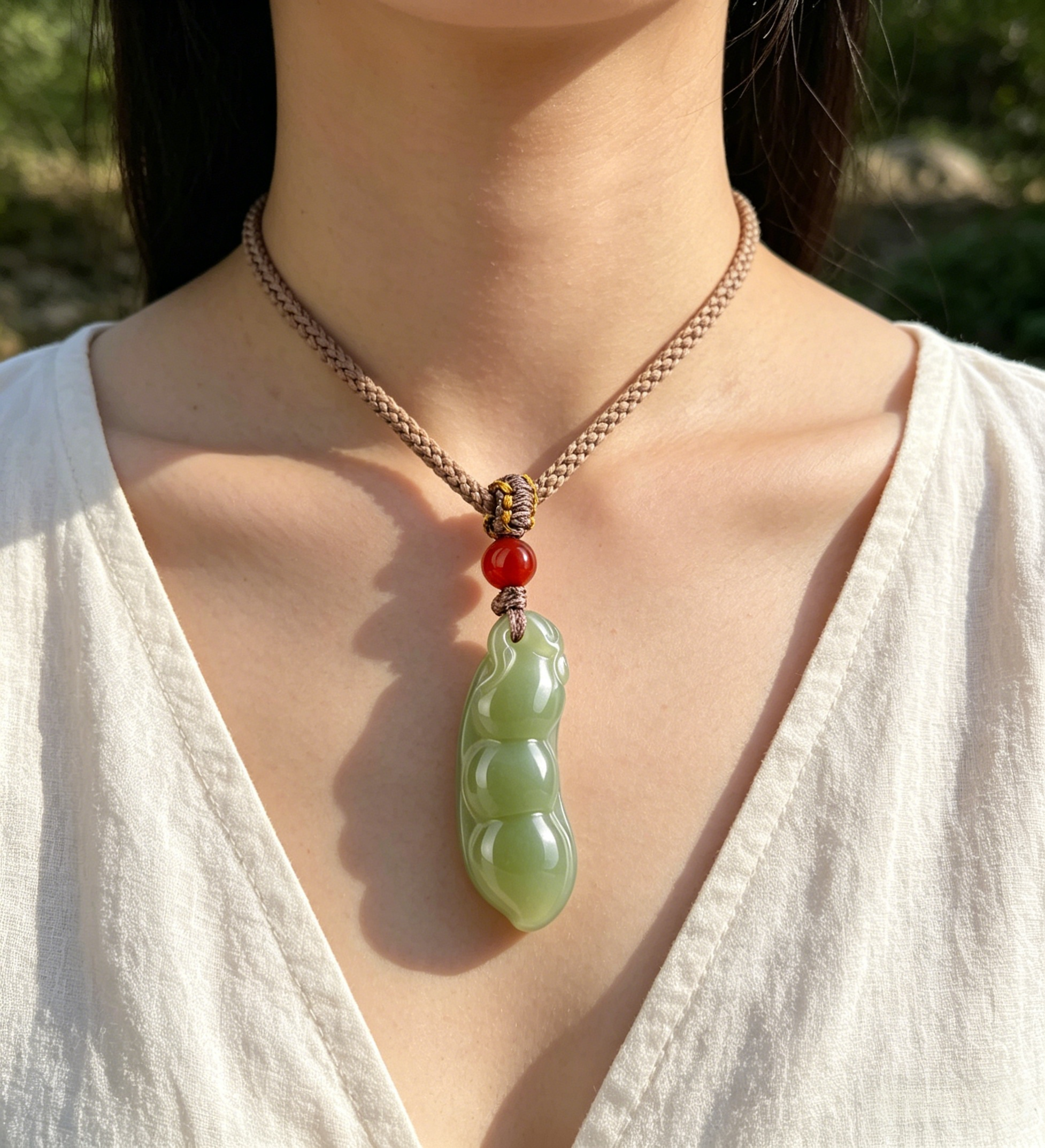 Natural Hetian Jade Fu Dou (Lucky Bean) Pendant Necklace with Red Agate Bead, Hand-Carved Feng Shui Talisman for Abundance & Good Fortune, Minimalist Oriental Jewelry Gift