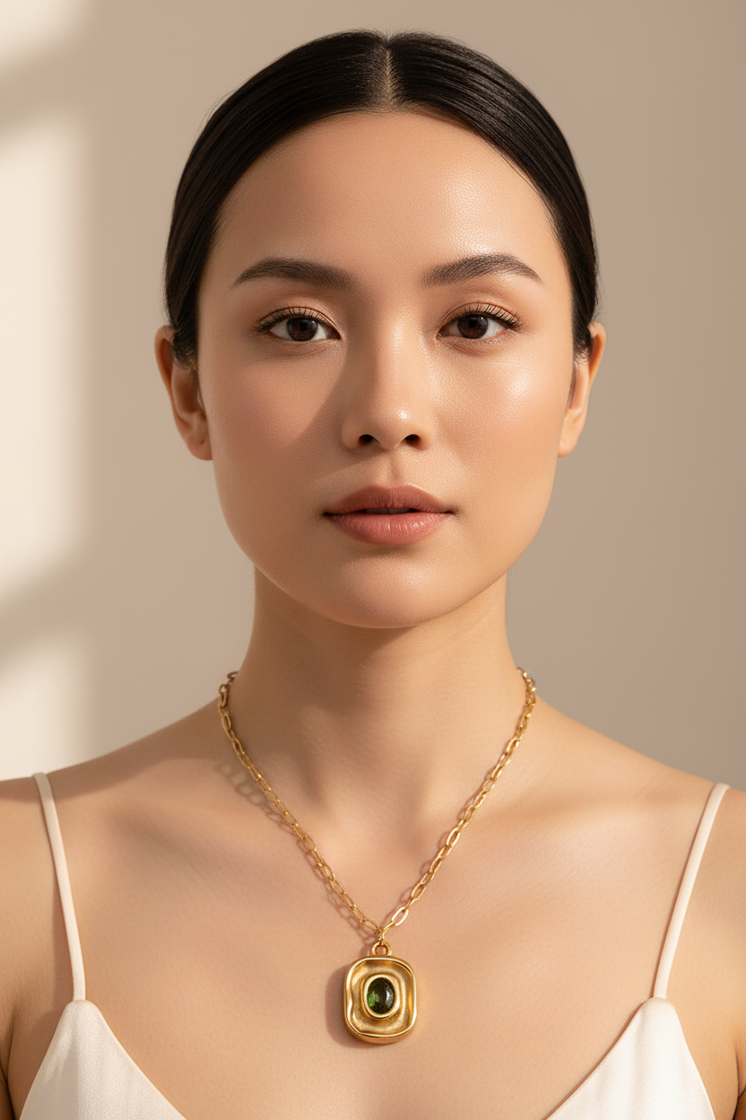 Vintage 18K Gold Plated Green Zircon Paperclip Chain Necklace