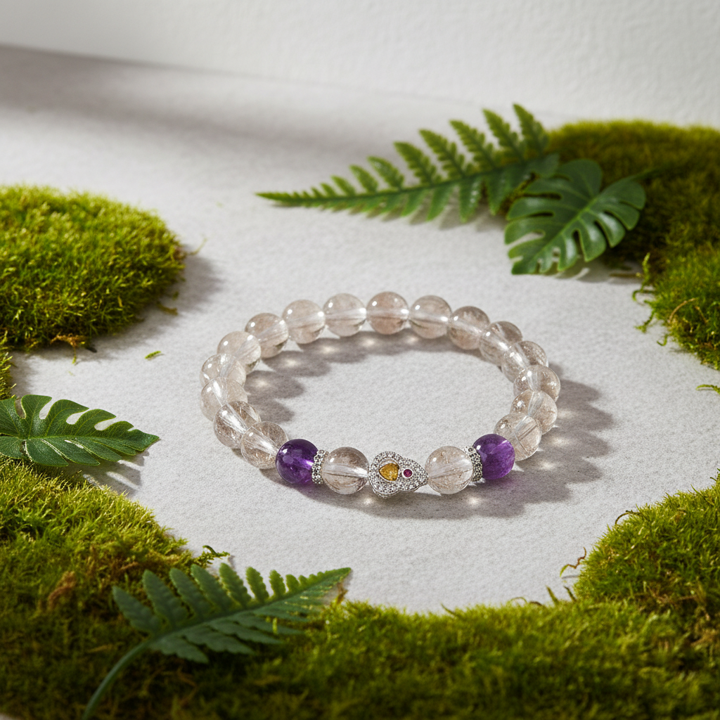 Natural White Crystal & Amethyst Beaded Bracelet For Women
