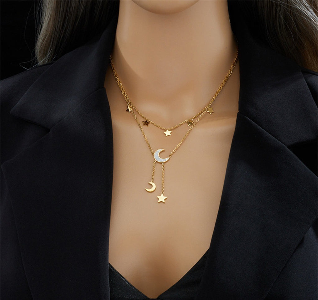 Moon And Stars Necklace Gold Layered Chain Astrology Jewelry|US2US Fast Ship