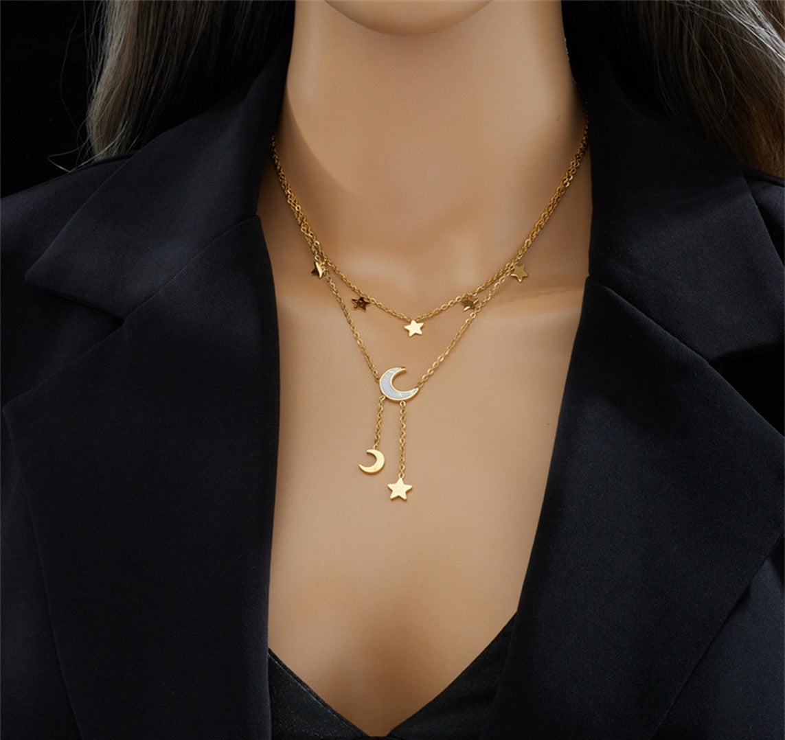 Moon And Stars Necklace Gold Layered Chain Astrology Jewelry|US2US Fast Ship