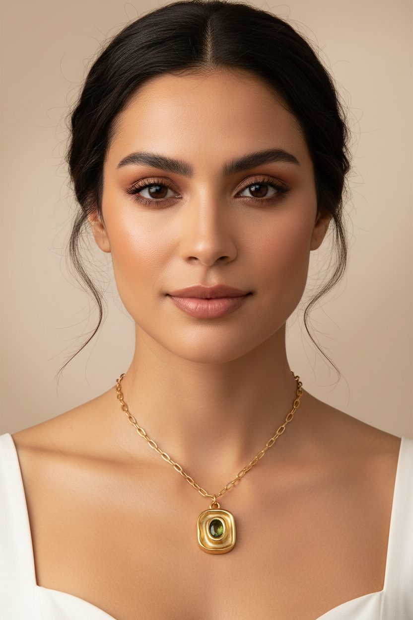 Vintage 18K Gold Plated Green Zircon Paperclip Chain Necklace