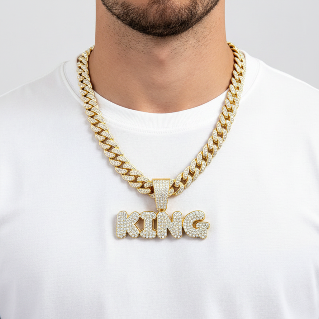 Full Diamond 3D Football Pendant Cuban Necklace, 13mm Width Luxury Bling Soccer Zircon Necklace, Gold Plated Hip Hop Streetwear Jewelry Gift for Sports Lovers