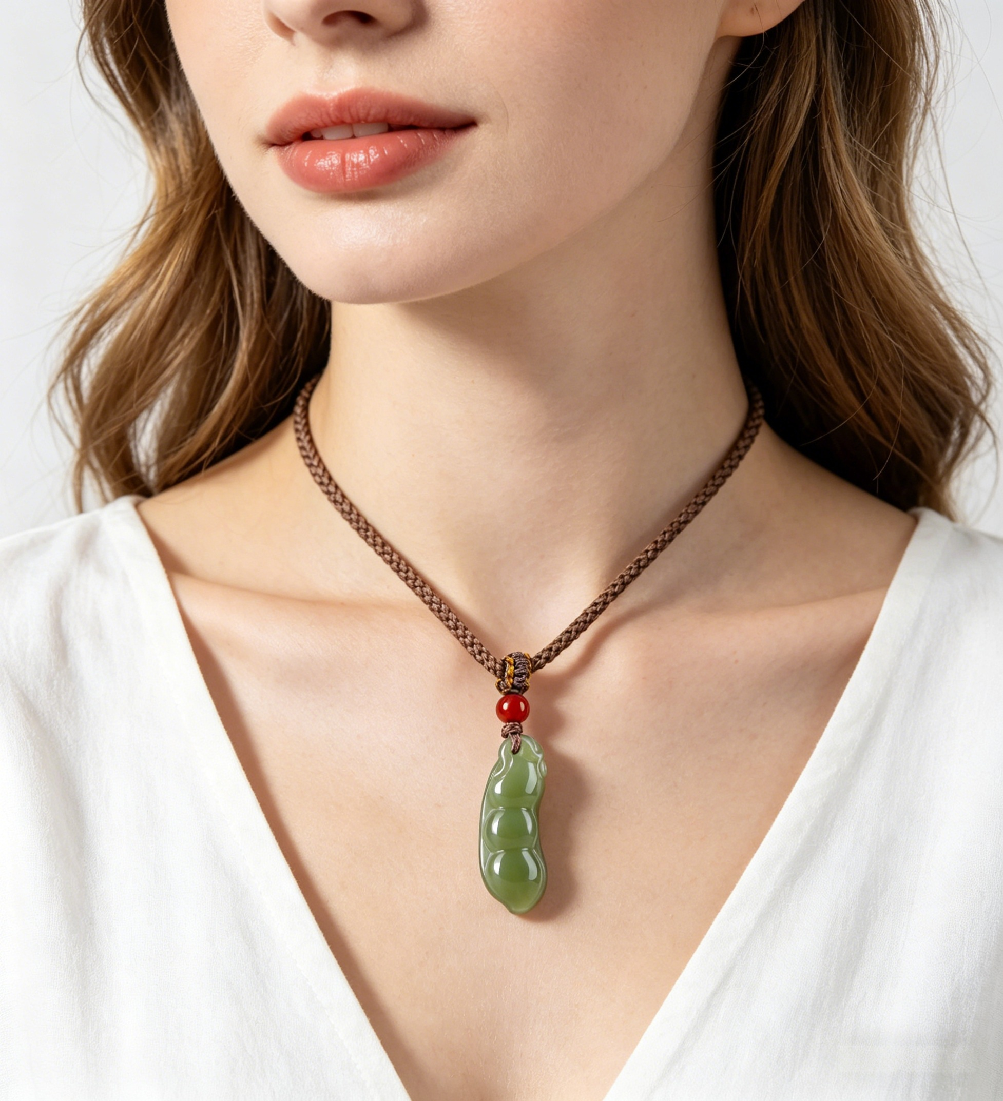 Natural Hetian Jade Fu Dou (Lucky Bean) Pendant Necklace with Red Agate Bead, Hand-Carved Feng Shui Talisman for Abundance & Good Fortune, Minimalist Oriental Jewelry Gift