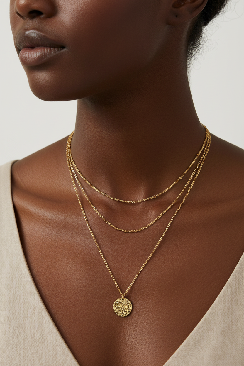 14K Gold Hammered Disc Layered Necklace Retro Women Fashion Jewelry US2US Fast Ship