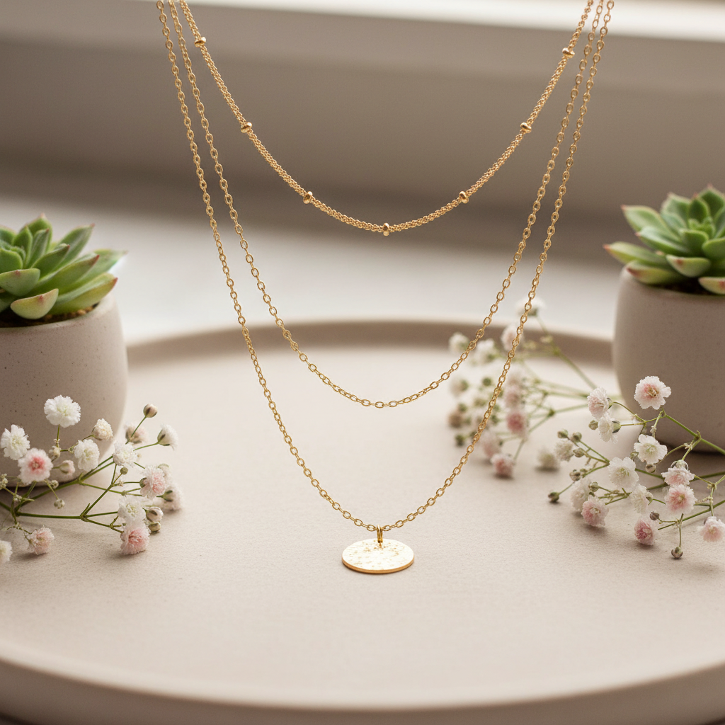 14K Gold Hammered Disc Layered Necklace Retro Women Fashion Jewelry US2US Fast Ship