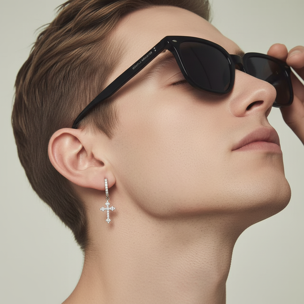 1 Pair Men's Sparkling Zircon Cross Dangle Huggie Hoops,Everyday Versatile Earrings
