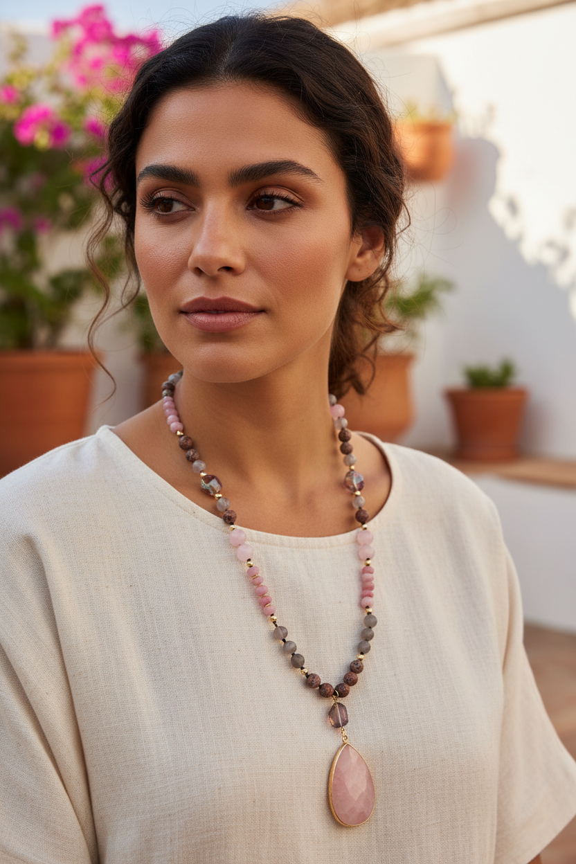 Vintage Ethnic 8mm Mixed Natural Stone Beaded Necklace For Women