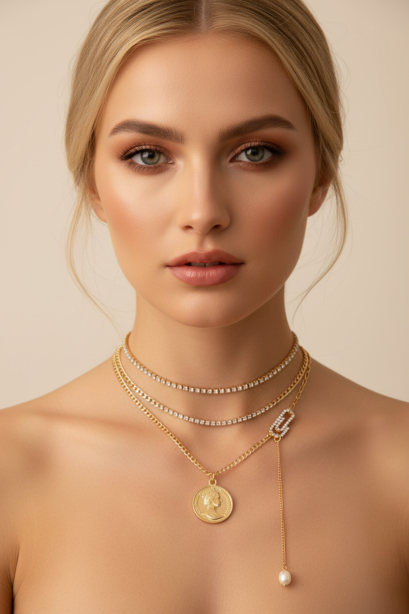 Diamond-studded Safety Paperclip Stitching Necklace
