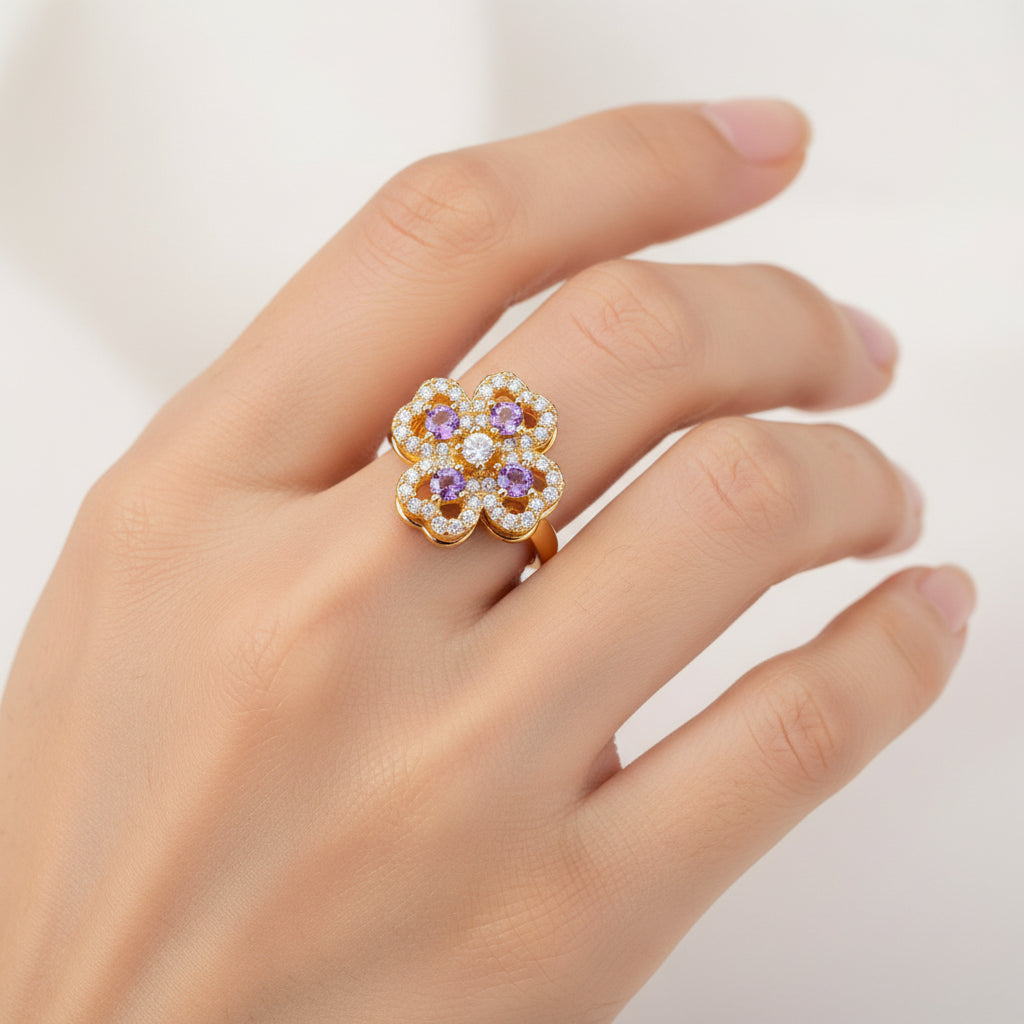 Golden Clover Rotate Rings For Women,Zircon Stainless Steel Open Adjustable Ring Golden Gift Jewelry