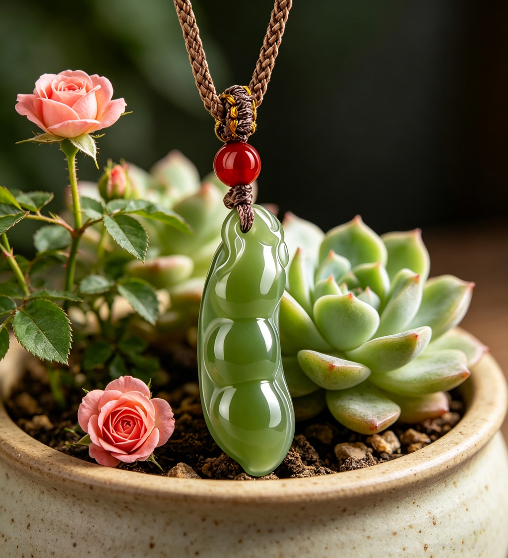 Natural Hetian Jade Fu Dou (Lucky Bean) Pendant Necklace with Red Agate Bead, Hand-Carved Feng Shui Talisman for Abundance & Good Fortune, Minimalist Oriental Jewelry Gift