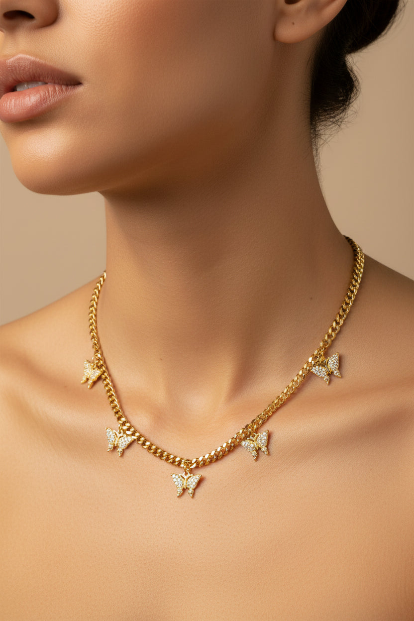 24K Gold Plated Butterfly Tennis Necklace Micro Paved Moissanite Elegant Women Neck Jewelry Gift|US2US Ship