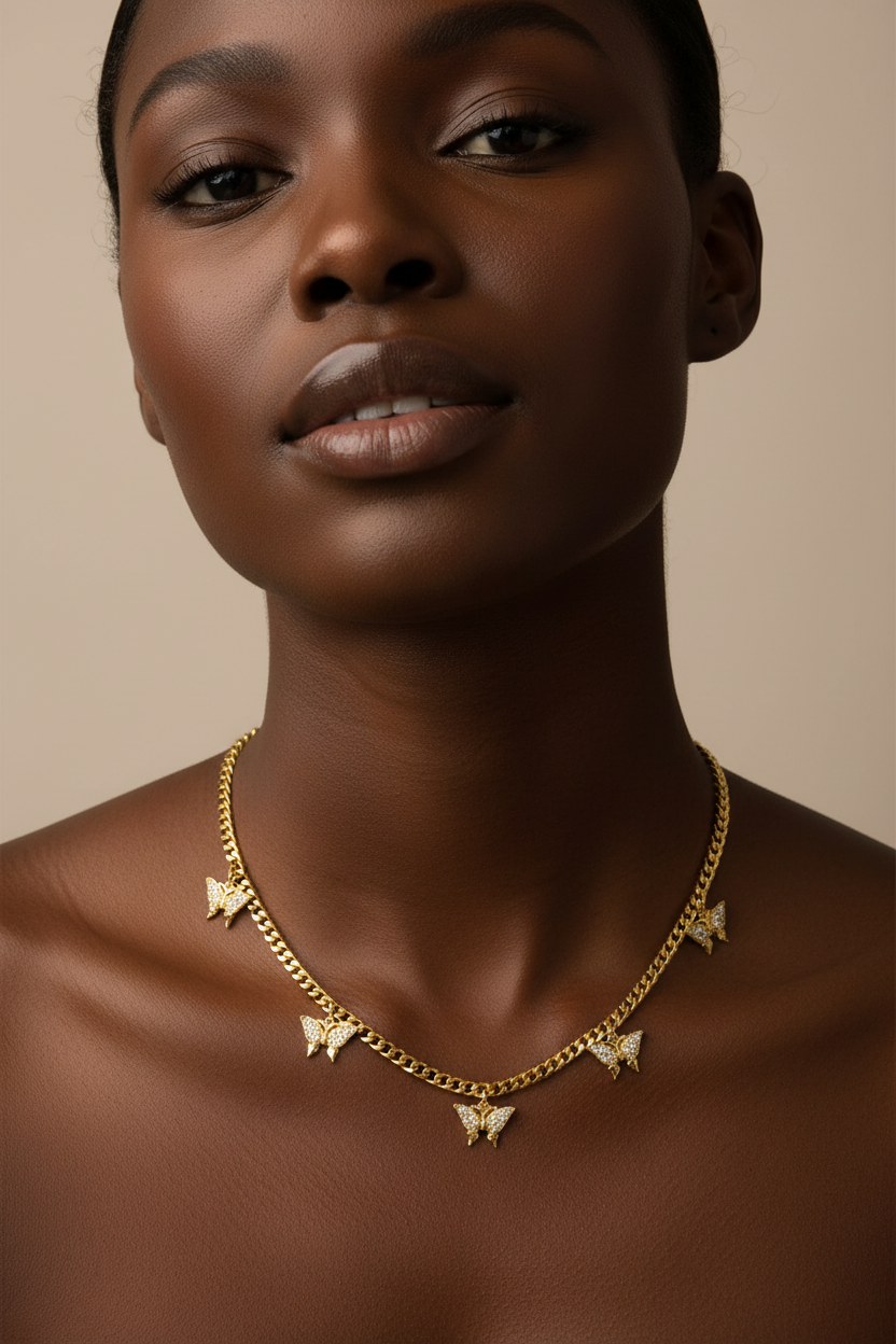 24K Gold Plated Butterfly Tennis Necklace Micro Paved Moissanite Elegant Women Neck Jewelry Gift|US2US Ship