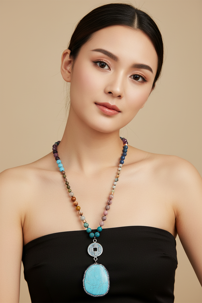 Vintage Ethnic 8mm Mixed Natural Stone Beaded Necklace For Women