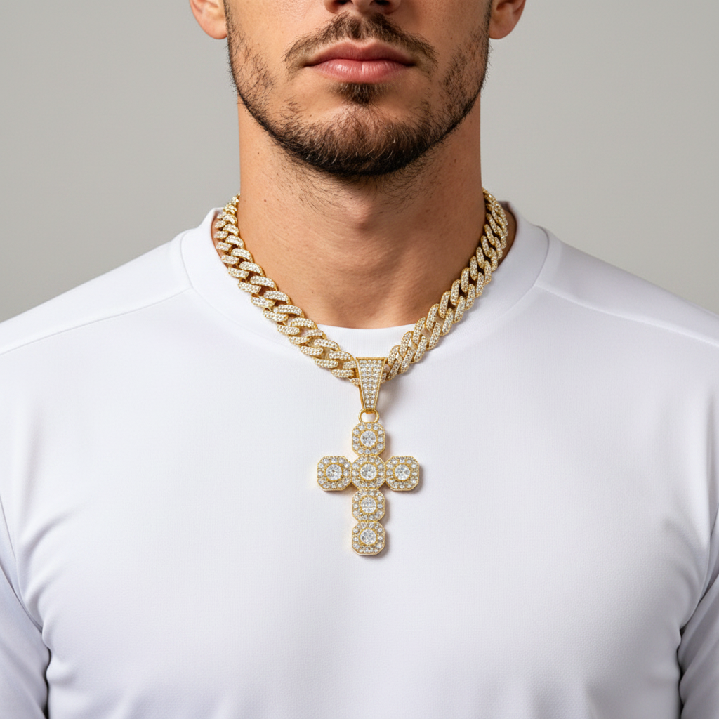 Gold Football Cross Pendant Necklace, 13mm Cuban Link Full Zircon Hip Hop Necklace, Religious Sport Jewelry Gift for Dad Men Football Fans