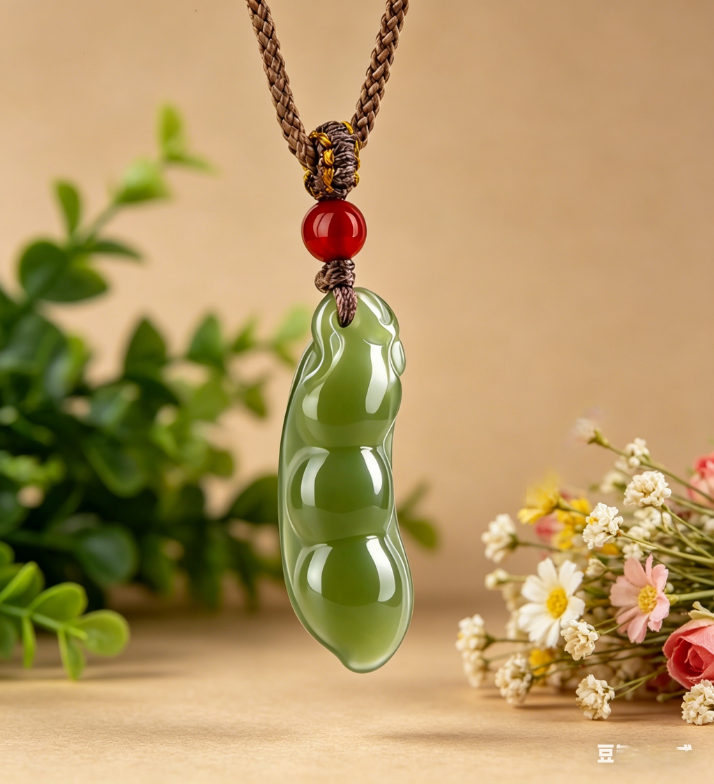 Natural Hetian Jade Fu Dou (Lucky Bean) Pendant Necklace with Red Agate Bead, Hand-Carved Feng Shui Talisman for Abundance & Good Fortune, Minimalist Oriental Jewelry Gift