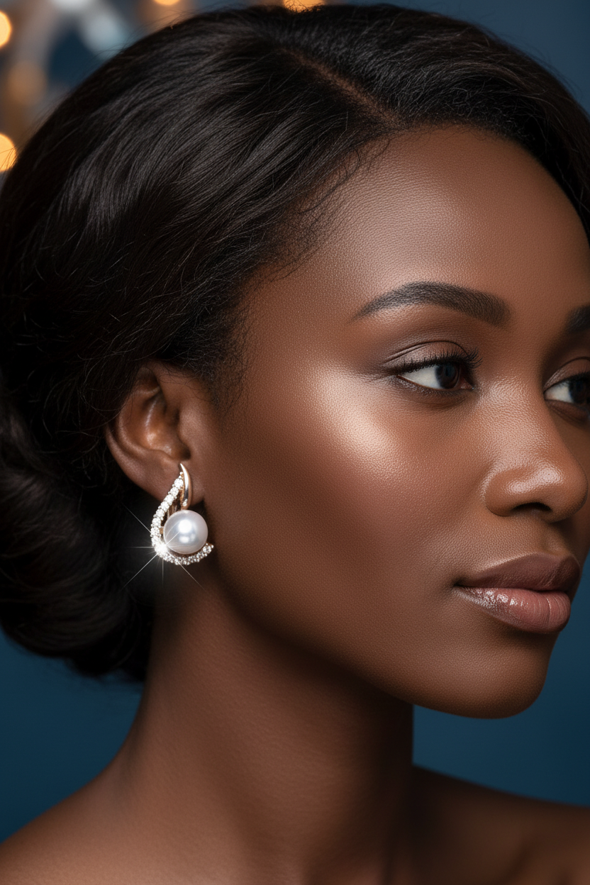 Champagne Gold Ear Cuff Earrings for Women, Luxury Pearl Round Diamond Inlaid Copper Electroplated Jewelry