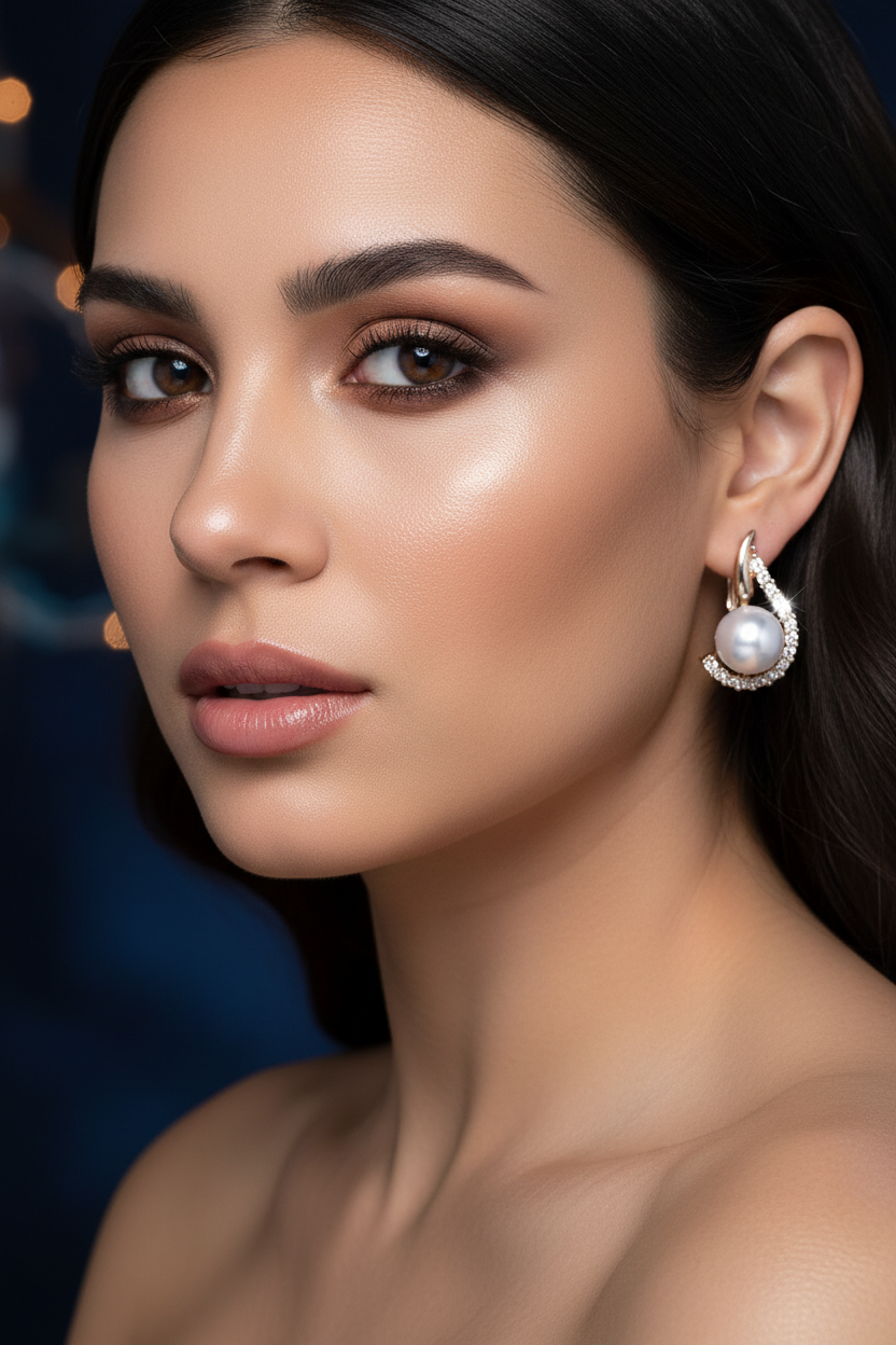 Champagne Gold Ear Cuff Earrings for Women, Luxury Pearl Round Diamond Inlaid Copper Electroplated Jewelry
