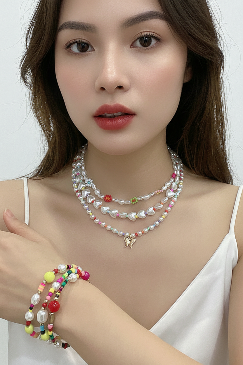 Gold Plated Multi-Row Pearl Necklace Earrings Set Elegant Inlaid Pearl Jewelry Suit For Women|US local Delivery