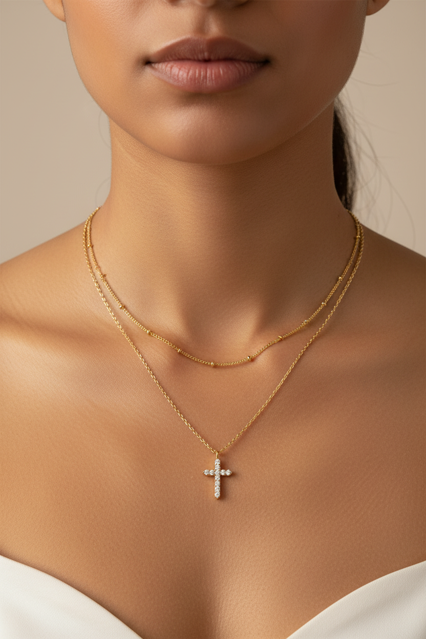 Colorful Bling 14K Gold CZ Cross Necklace Minimalist Religious Pendant Jewelry US2US Ship