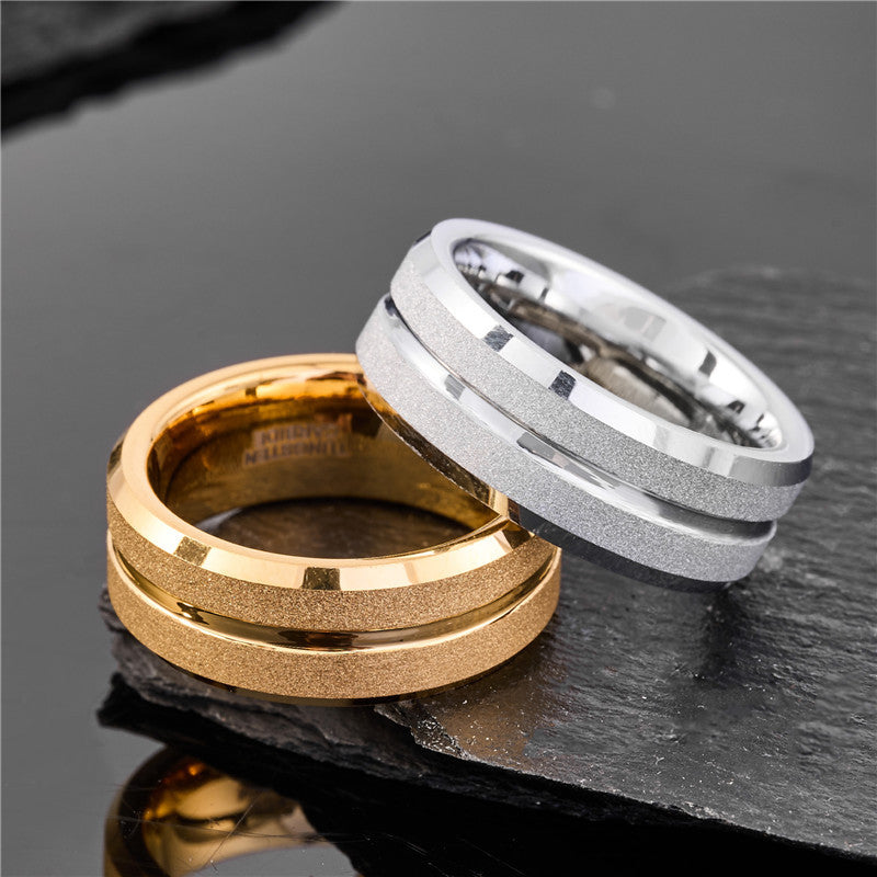 Mens Tungsten Steel Ring With Electroplated Gold Finish And Sandblasted Grooves