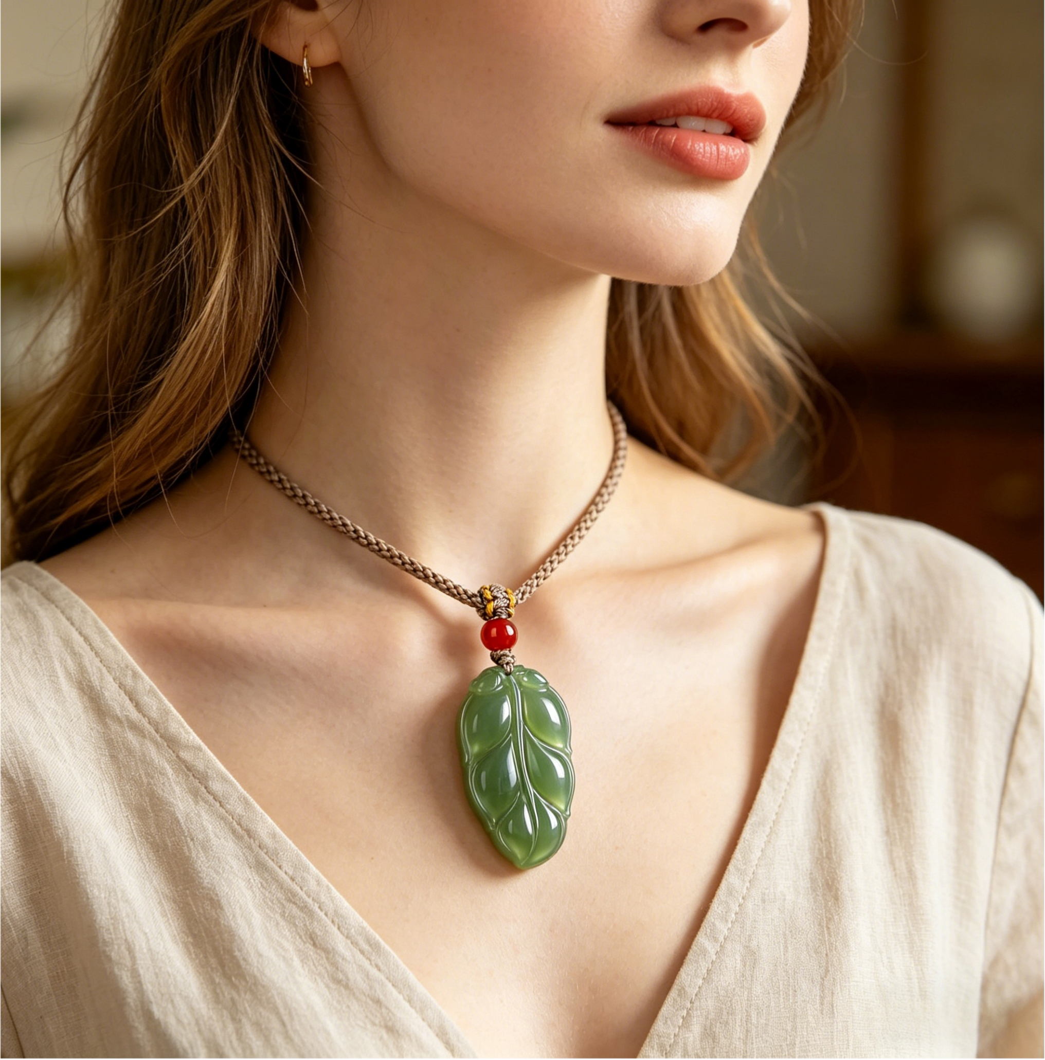Natural Hetian Jade Leaf Pendant | "Golden Jade Leaf" Symbol of Growth & Luck, Handcrafted Green Jade Necklace with Red Agate Bead,   anniversary gift、valentines gift、gift for girlfriend