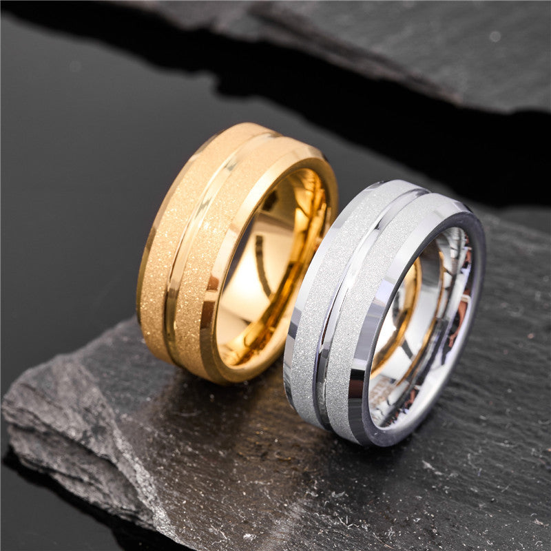 Mens Tungsten Steel Ring With Electroplated Gold Finish And Sandblasted Grooves