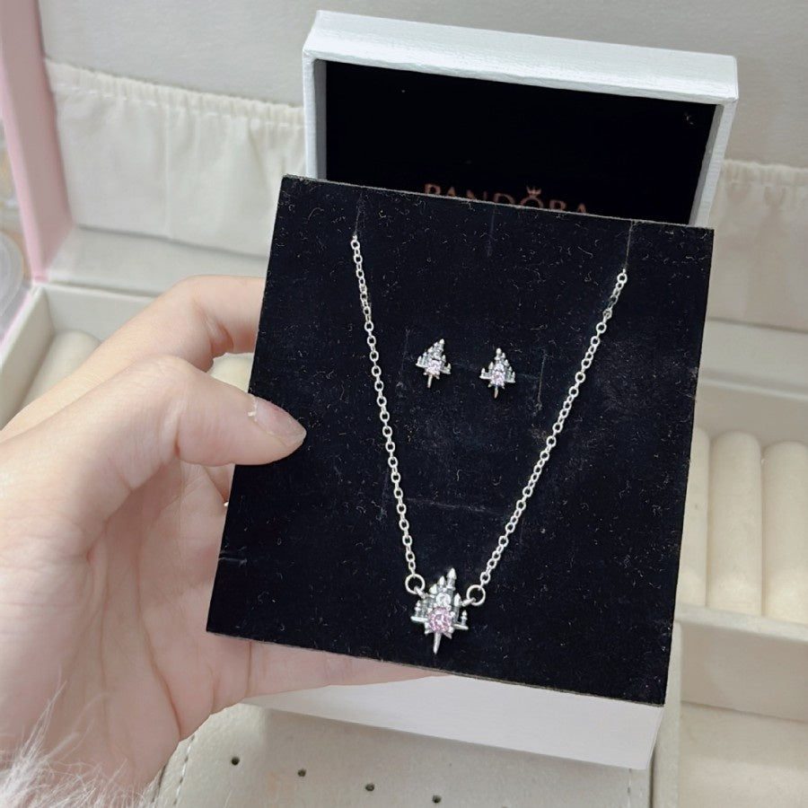 Heart-Shaped Castle Eternal Pendant Sparkling Round Halo Necklace And Earrings