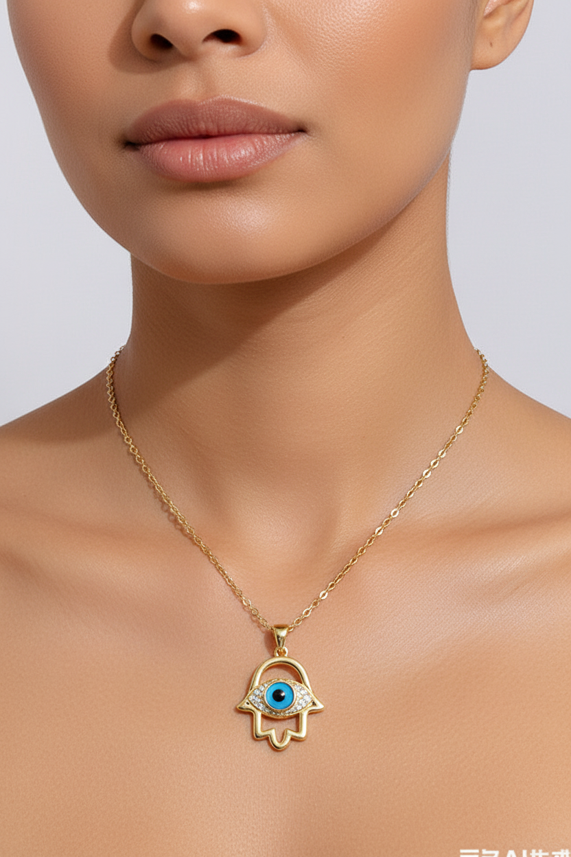 Evil Eye Hamsa Hand Necklace for Women, Titanium Steel Protection Amulet Pendant, 16 Inch Spiritual Luck Jewelry