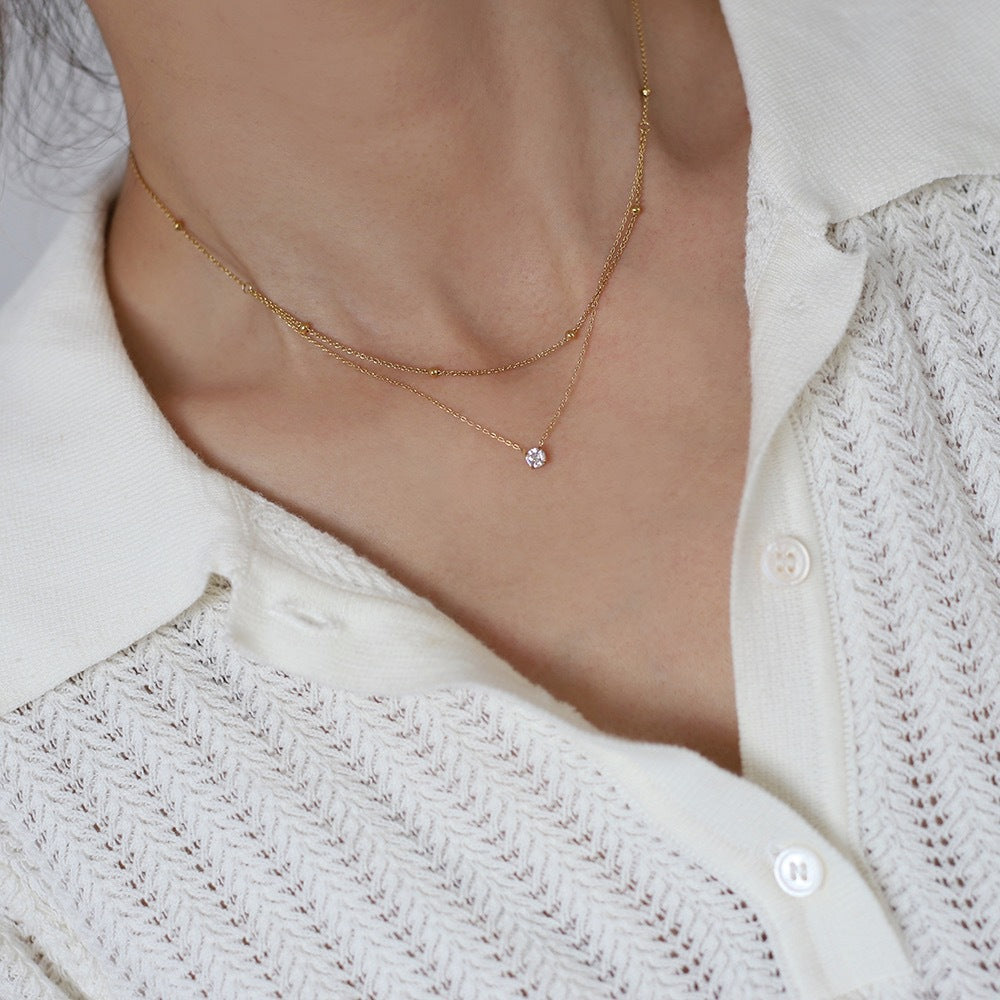 Luxury Double Layer Solitaire Necklace Fashion Gold Bead Design Slim Fit Collarbone Neck C on salehain Trendy Female Accessory