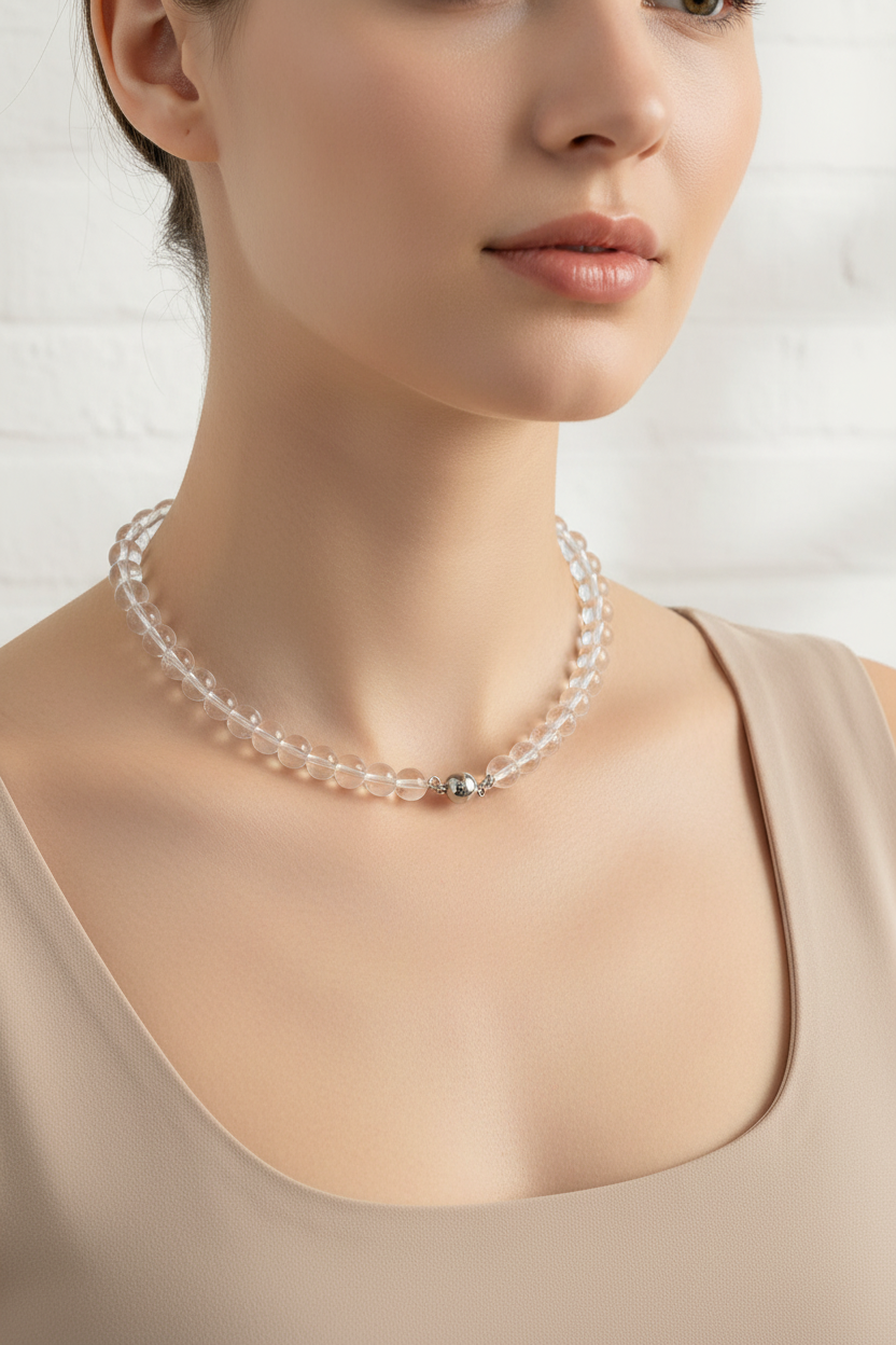 Clear Natural Crystal Bead Necklace Women Elegant Seamless Magnetic Clasp Stylish Daily Jewelry On Sale