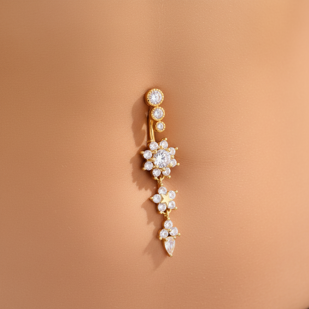 Starburst Zircon Dangle Navel Ring, Gold & Silver Stainless Steel Belly Button Piercing Jewelry for Women