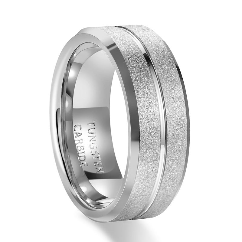 Mens Tungsten Steel Ring With Electroplated Gold Finish And Sandblasted Grooves