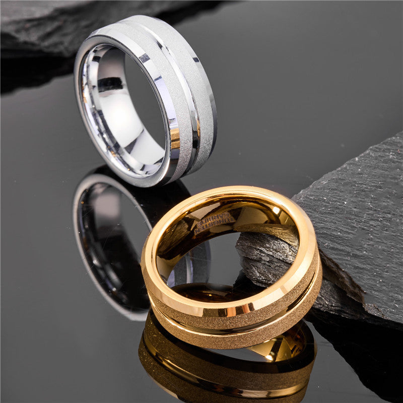 Mens Tungsten Steel Ring With Electroplated Gold Finish And Sandblasted Grooves