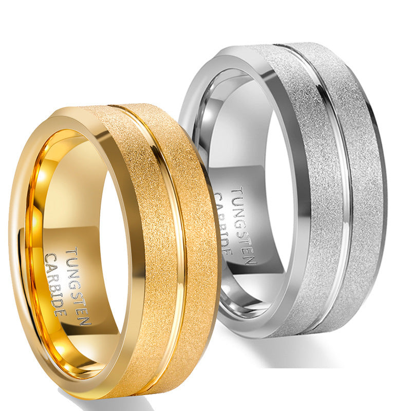 Mens Tungsten Steel Ring With Electroplated Gold Finish And Sandblasted Grooves