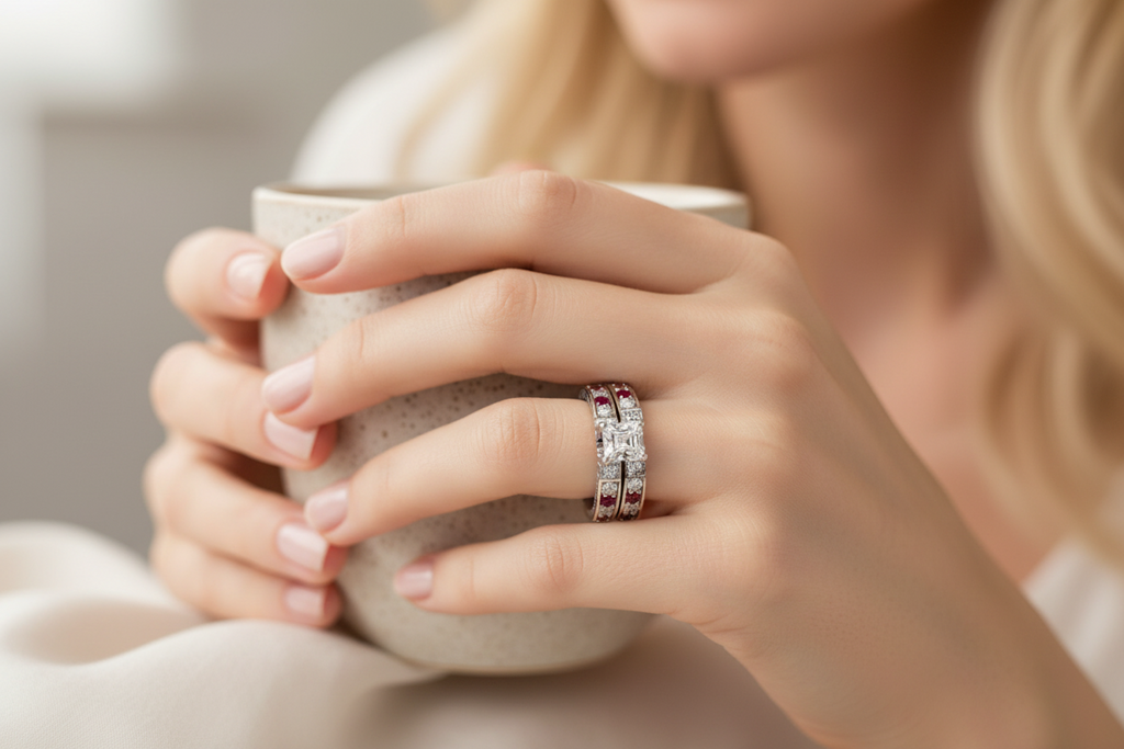 Micro-paved Square Zircon Couple Rings ForMicro Paved Square Zircon Couple Rings for Women, Luxury Diamond Encrusted Geometric Alloy Ring, Red Zircon Silver Gold Fashion Wedding Band Jewelry Women
