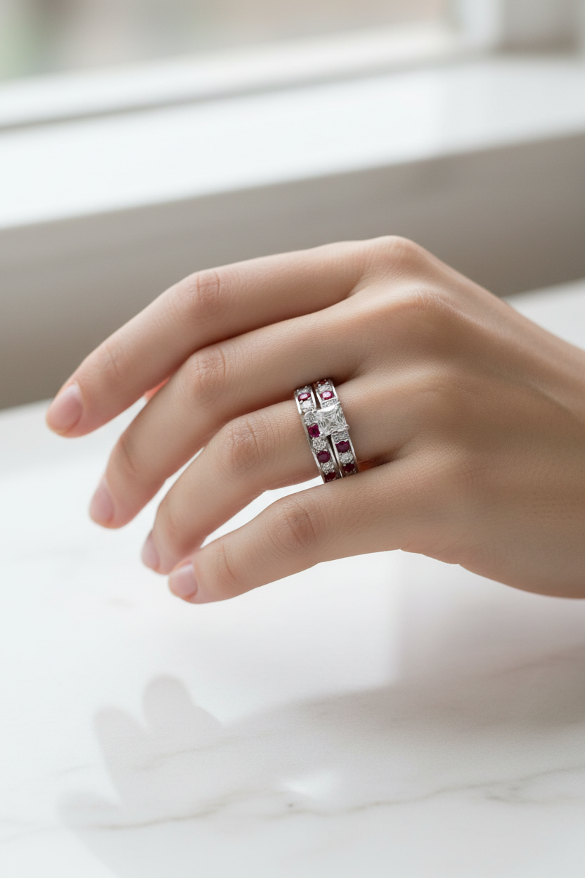Micro-paved Square Zircon Couple Rings ForMicro Paved Square Zircon Couple Rings for Women, Luxury Diamond Encrusted Geometric Alloy Ring, Red Zircon Silver Gold Fashion Wedding Band Jewelry Women